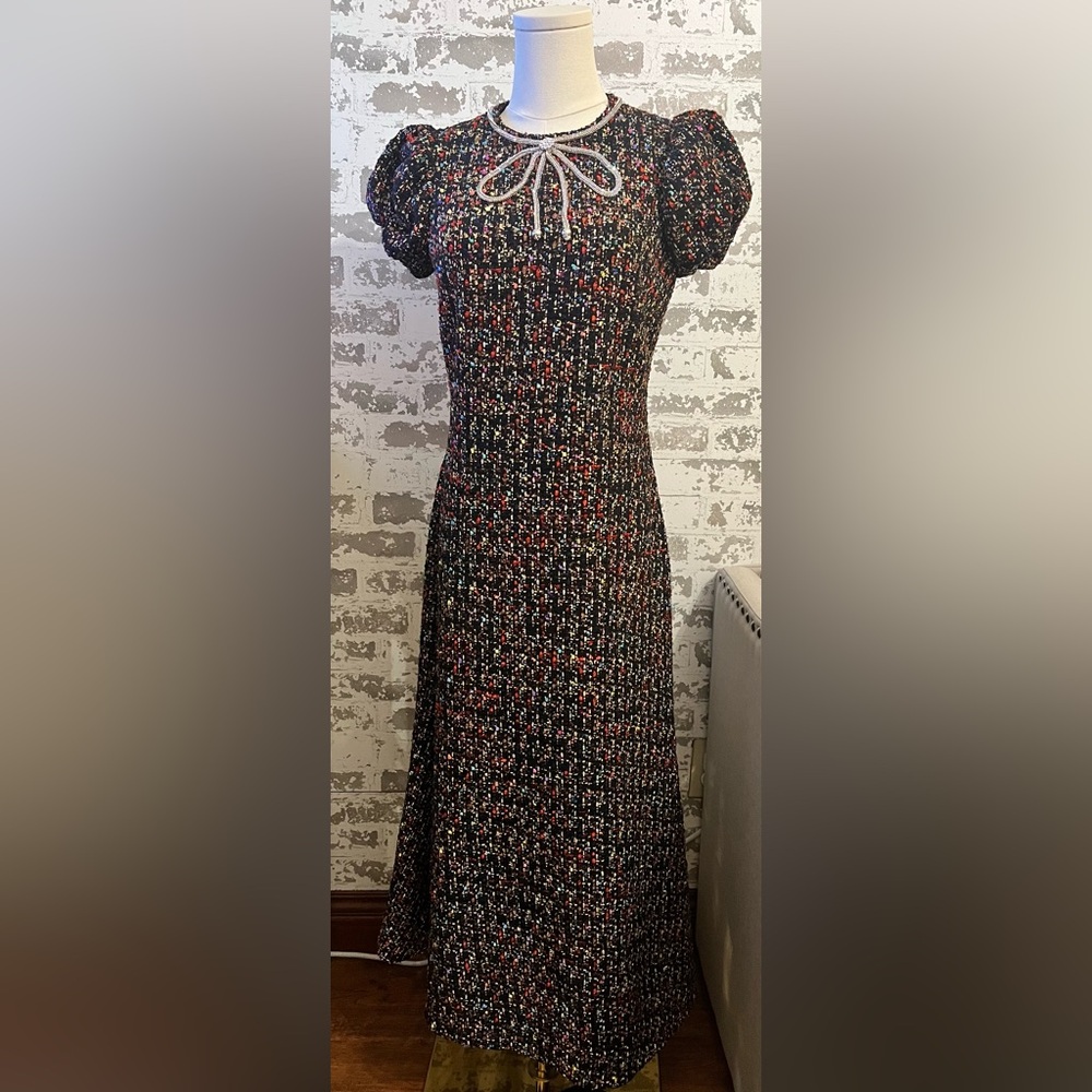 Mestiza NY tweed Dress with Puff Sleeves and Crystal Bow Neck